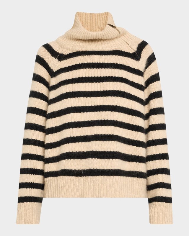 Raelyn Striped Zip Turtleneck Cashmere Sweat